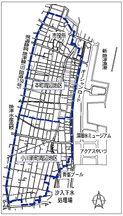 本町～小川新町周辺地区の対象区域の地図