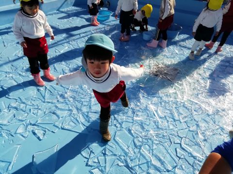 氷の上でポーズをとる園児