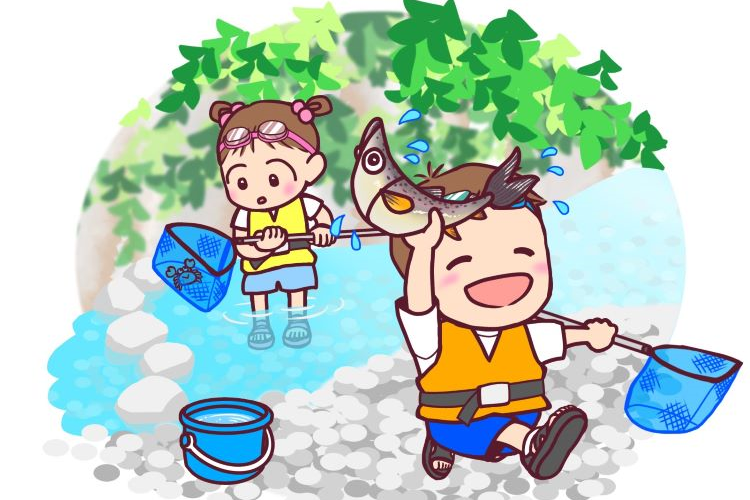子どもが川遊びしているイラスト