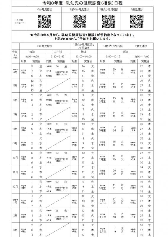 令和8年度乳幼児の健康診査(相談)日程